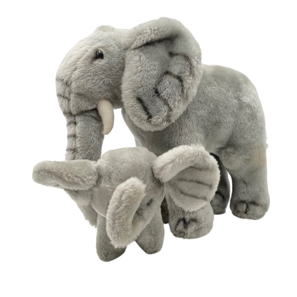 Vintage Dakin Elephant Plush Toy 1979 Korea Set Mom and Baby Stuffed Animal Gray